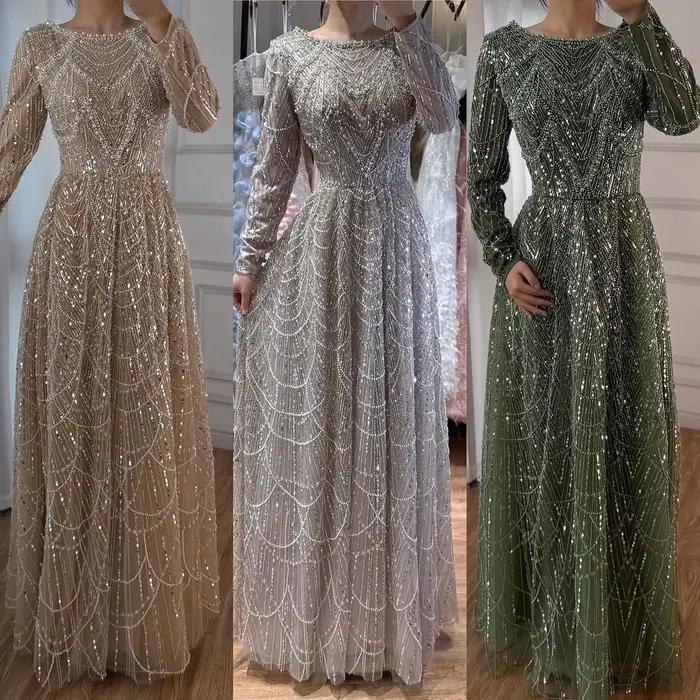 Luxe vert Olive à manches longues perlée une ligne robe de soirée pour la fête de mariage bal Serene Hill 2025 personnalisé LA72738B grande taille