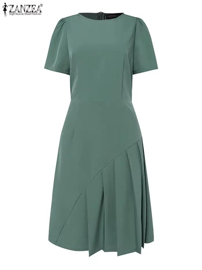 ZANZEA 2025 Femme mode robe plissée été à manches courtes col rond taille ajustée genou longueur Robes élégantes