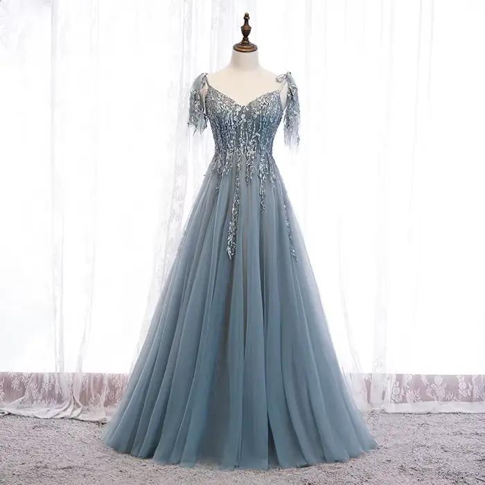 Paillettes robes de bal de soirée Simple Tulle col en v à lacets dos