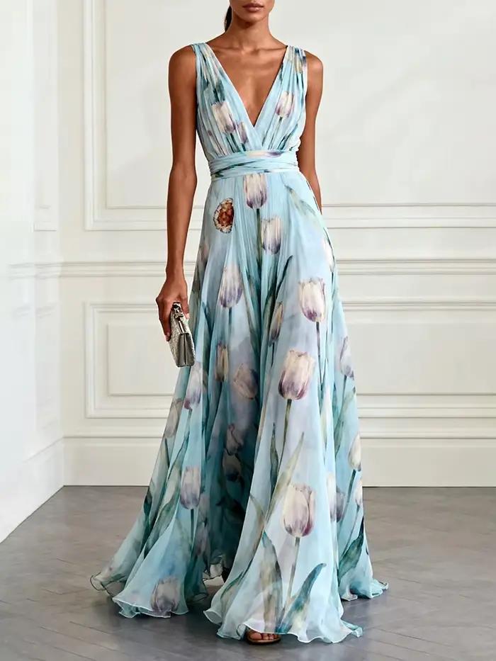 Robe longue élégante en mousseline de soie à col en V profond