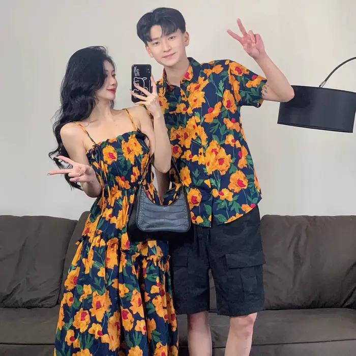 Tenues Assorties Famille pour Vacances d'Été 2026 : Chemises Florales et Robes à Bretelles Mère-Fille – Look de Couple