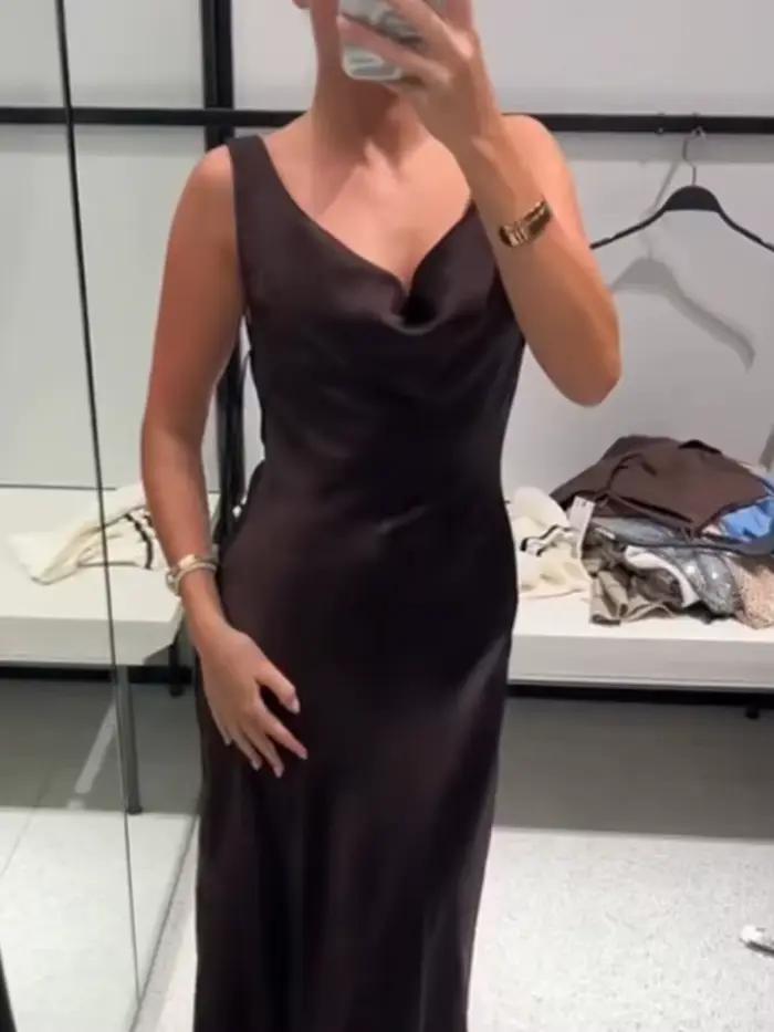 HH femmes été vacances Style col en v Satin Texture robe femme élégante Sexy solide dos nu à lacets sangle