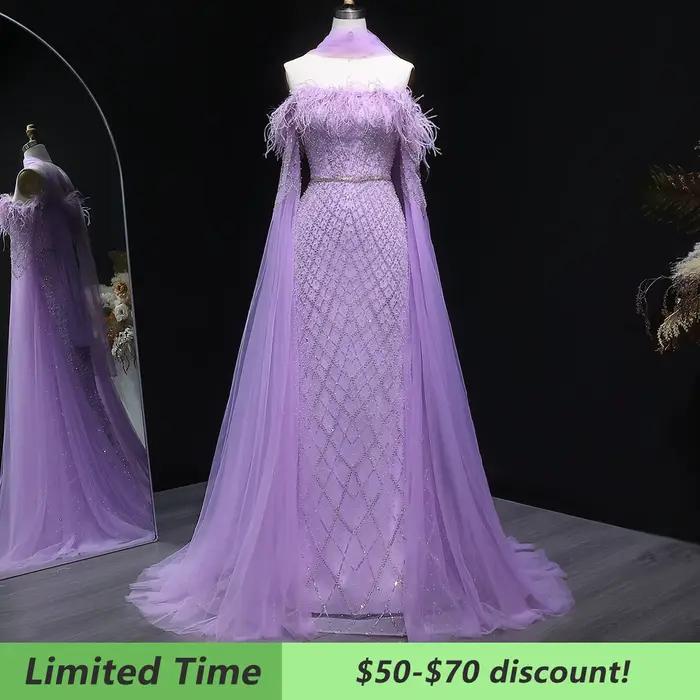 Sharon Said Turquoise plume dubaï robe de soirée de luxe avec manches Cape lilas arabe fête de mariage