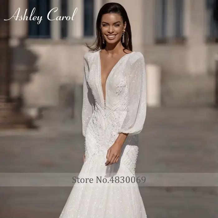 Ashley Carol-Robes de mariée sirène à manches bouffantes