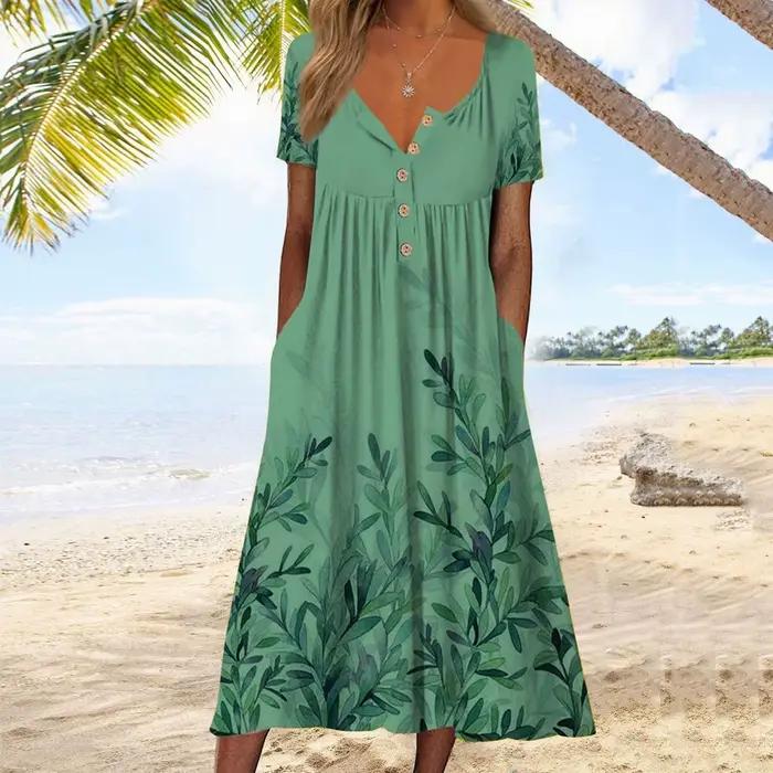 Robes en vente robes De liquidation pour femmes 2022 à manches courtes fleur cravate ronde bouton longue robe droite robes De Fiesta