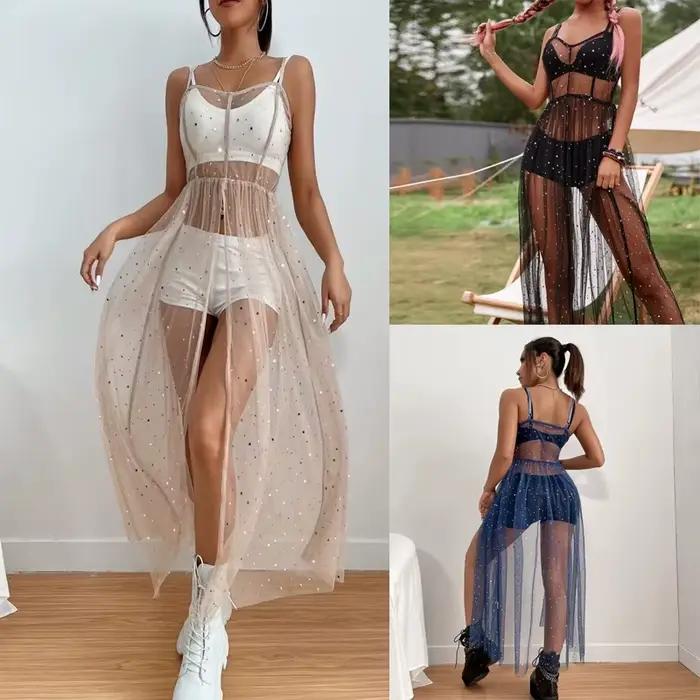 Robe de plage mi-longue fendue à paillettes pour femme