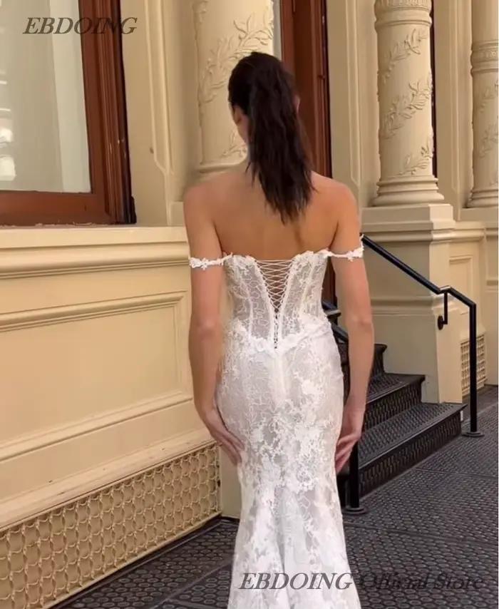 EBDOING robe de mariée sirène dentelle col bateau décolleté classique Basque avec perles