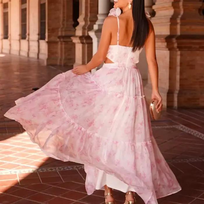 Robe longue plissée à bretelles pour femme