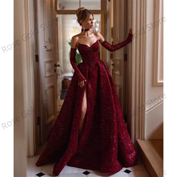 Robe de soirée à paillettes exquise avec perles rouges vin, décolleté Mon Amour, tulle pailleté, train de balayage, soutien-gorge intégré pour femmes toutes tailles occasions spéciales