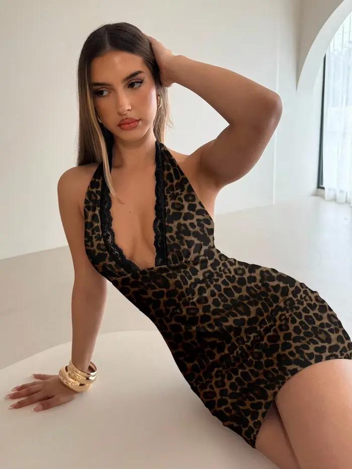 Mini robe sexy en dentelle à imprimé léopard
