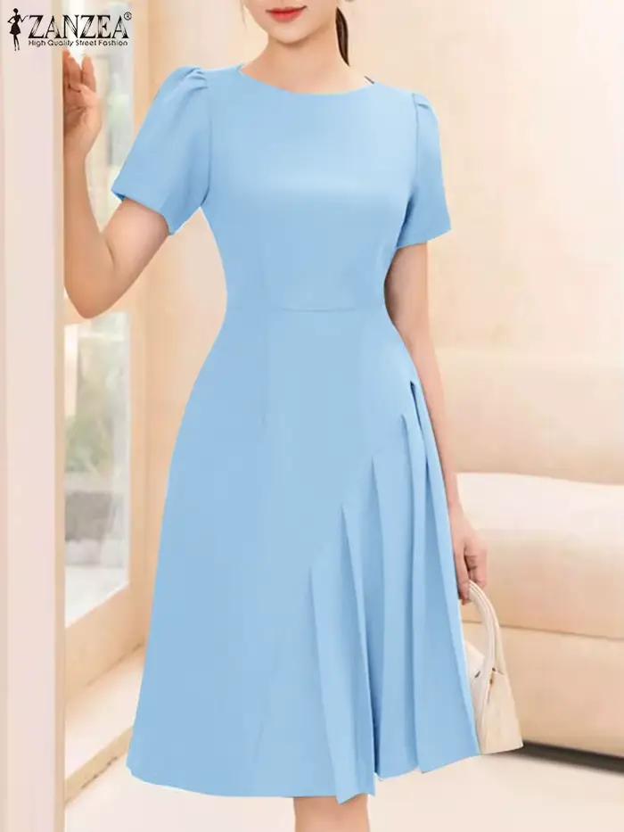 ZANZEA 2025 Femme mode robe plissée été à manches courtes col rond taille ajustée genou longueur Robes élégantes