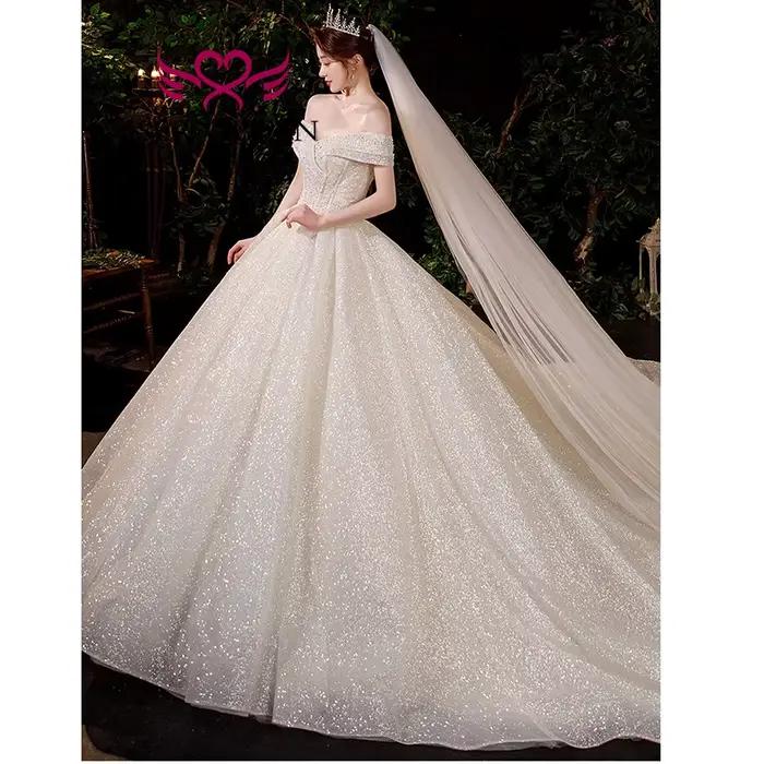 Personnalisé 2025 nouvelles robes de mariée Style européen Champagne et ivoire hors épaule ciel étoilé brillant Tulle