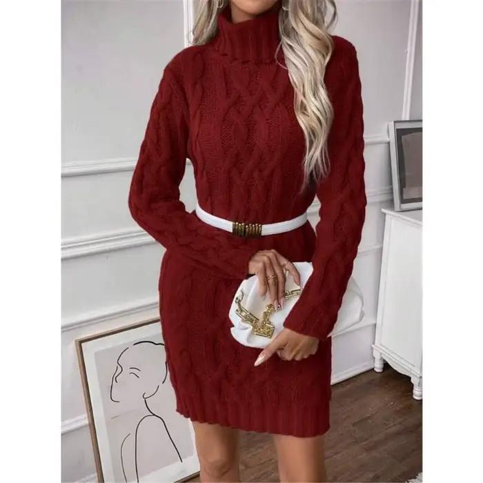 Robes pull femmes automne torsadé côtelé tricoté à manches longues col roulé Mini décontracté solide