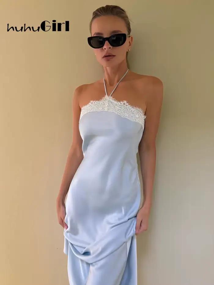 Robe midi chic décontractée lumineuse pour femmes style urbain français avec dentelle et patchwork col montant coupe moulante sans manches douces pour l'été