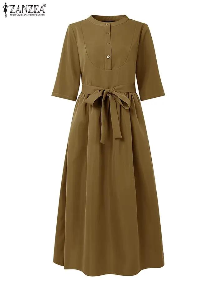 ZANZEA décontracté femmes robes longues automne col rond demi manches a-ligne Robe Femme Vintage mode quotidien couleur unie vêtements