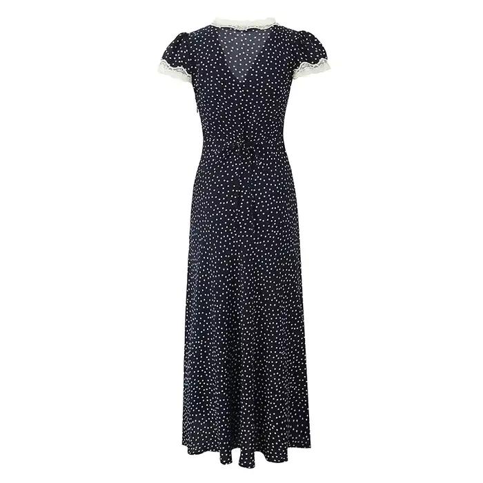 Robe longue bleu marine à pois pour femmes
