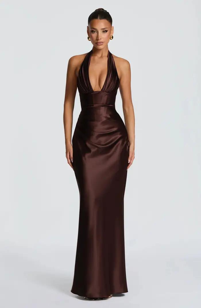Robe de soirée formelle en satin vert olive pour femme