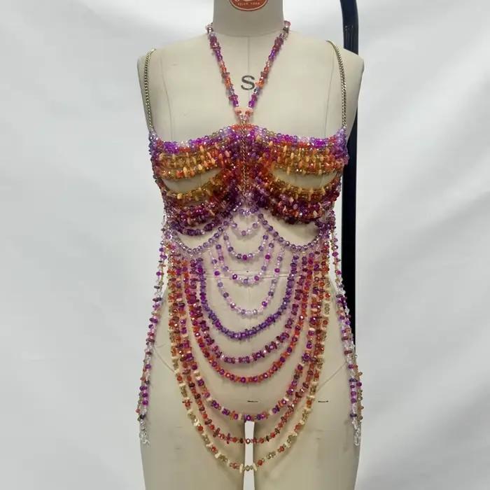 Robe de vacances 2025 nouvelles femmes Sexy à la main Multi perle chaîne de corps mode Bikini soutien-gorge licou romantique haut court maillots de bain bijoux