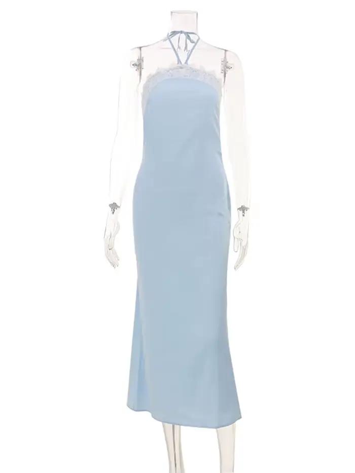 Robe midi chic décontractée lumineuse pour femmes style urbain français avec dentelle et patchwork col montant coupe moulante sans manches douces pour l'été