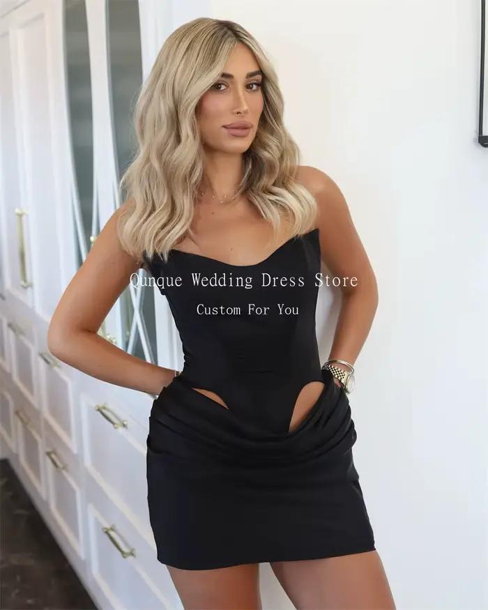 Qunque noir a-ligne robes De soirée au-dessus du genou Mini plis robe