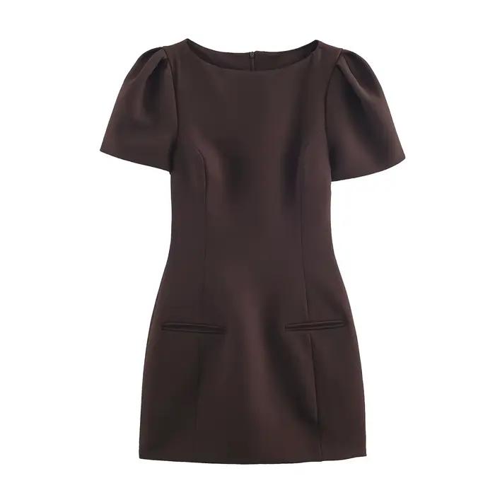 Robe plissée BSAY en polyester pour femmes, courte, col rond, manches courtes, style bureau-dame, automne, occasion spéciale, soirée, cocktail