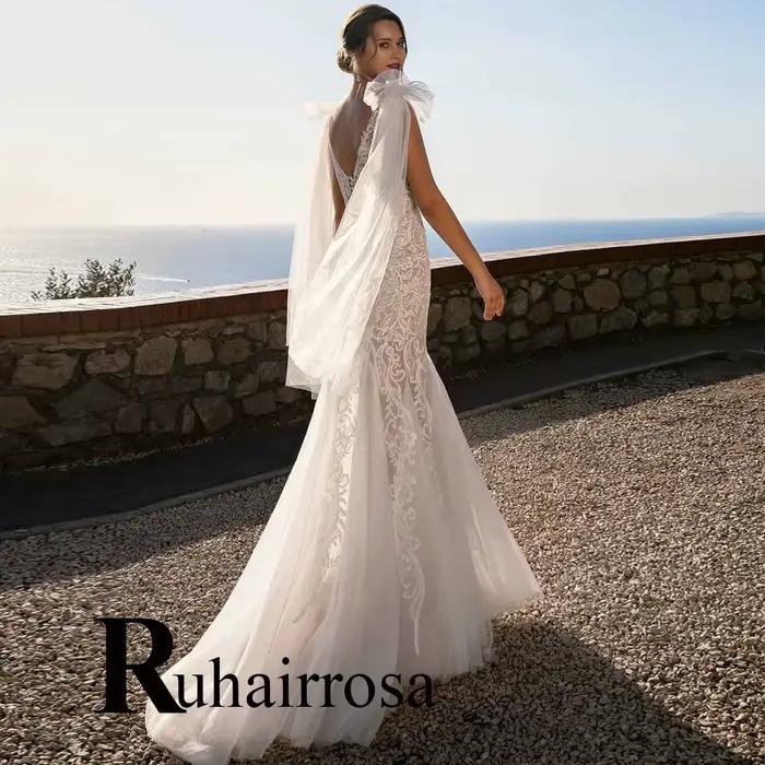 Ruhair à la mode sirène robes De mariée dentelle Appliques nœud papillon plissé balayage Train robe