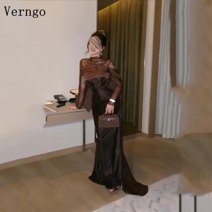 Verngo robe de soirée en velours marron col haut manches en dentelle