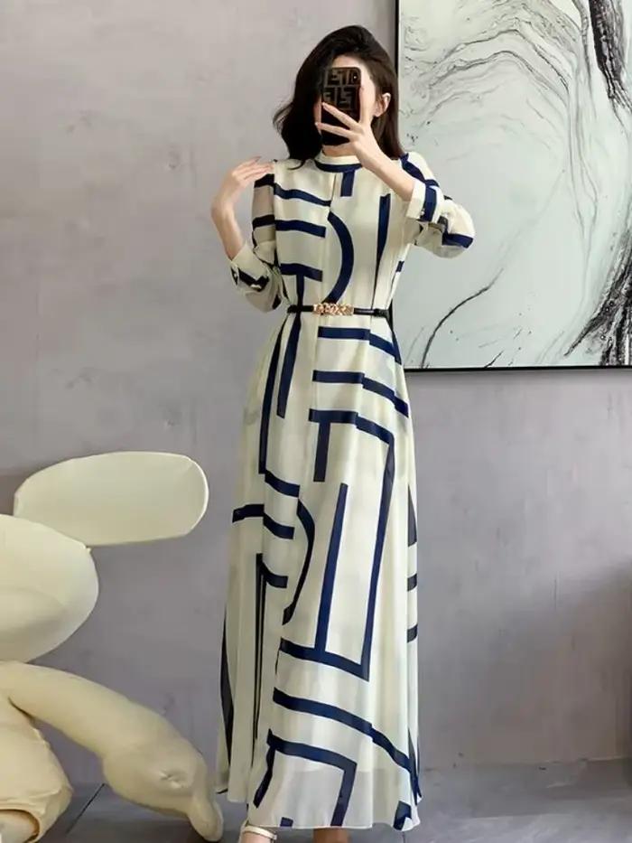 Robes géométriques françaises en mousseline de soie pour femmes