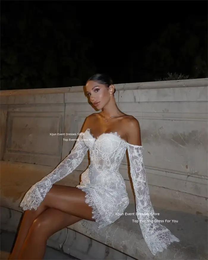 Xijun-Robe de Mariée Courte en Dentelle à Manches en Cœur