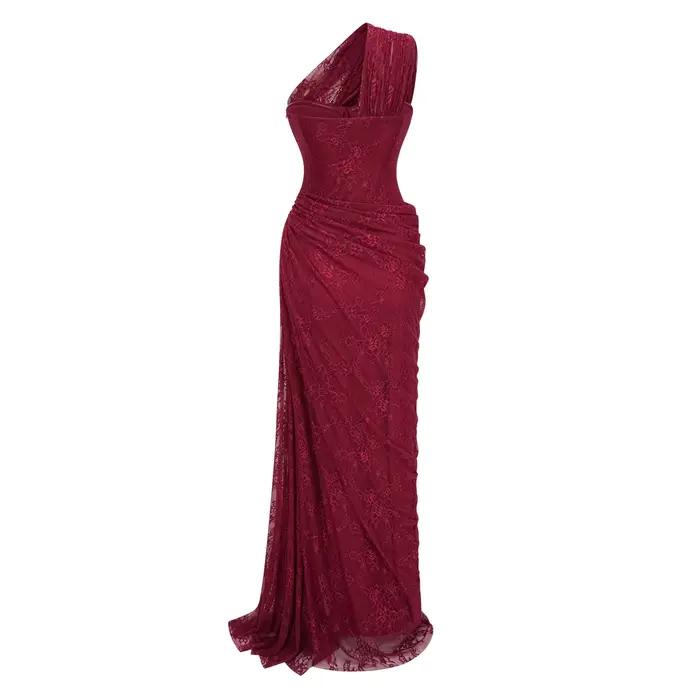 Robe de soirée sirène bordeaux asymétrique en dentelle