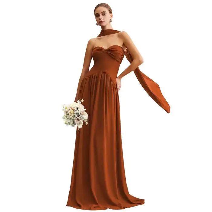 Robe longue en mousseline de couleur terre cuite