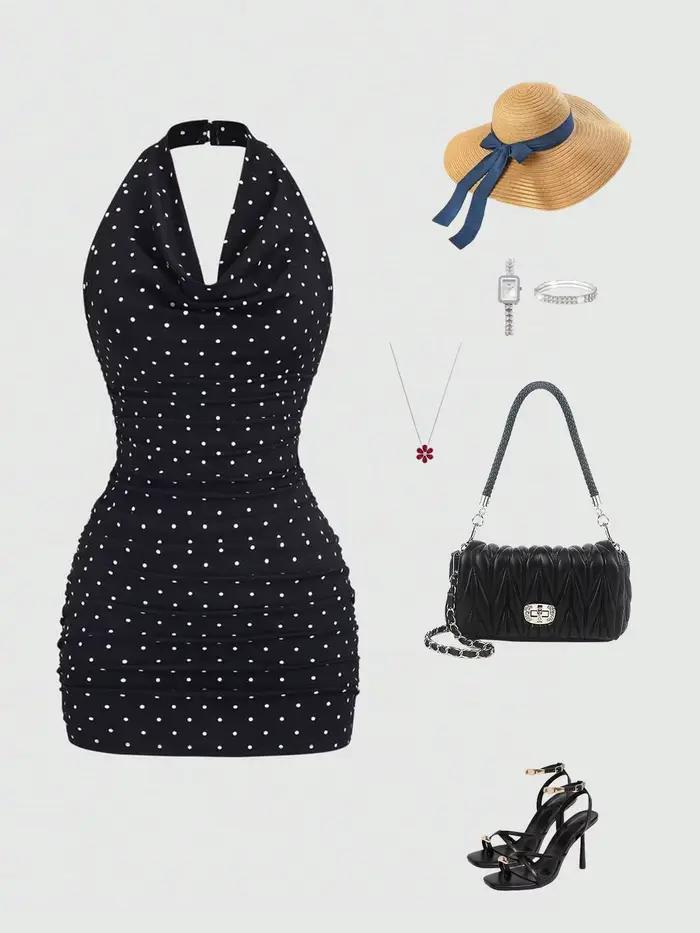 Robe moulante sexy à pois noirs et blancs pour femme