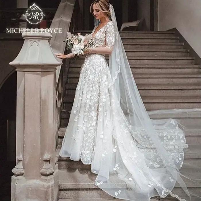 Michelle Royce a-ligne robes De mariée pour les femmes Sexy Appliques dos nu chapelle Train col en v profond robe