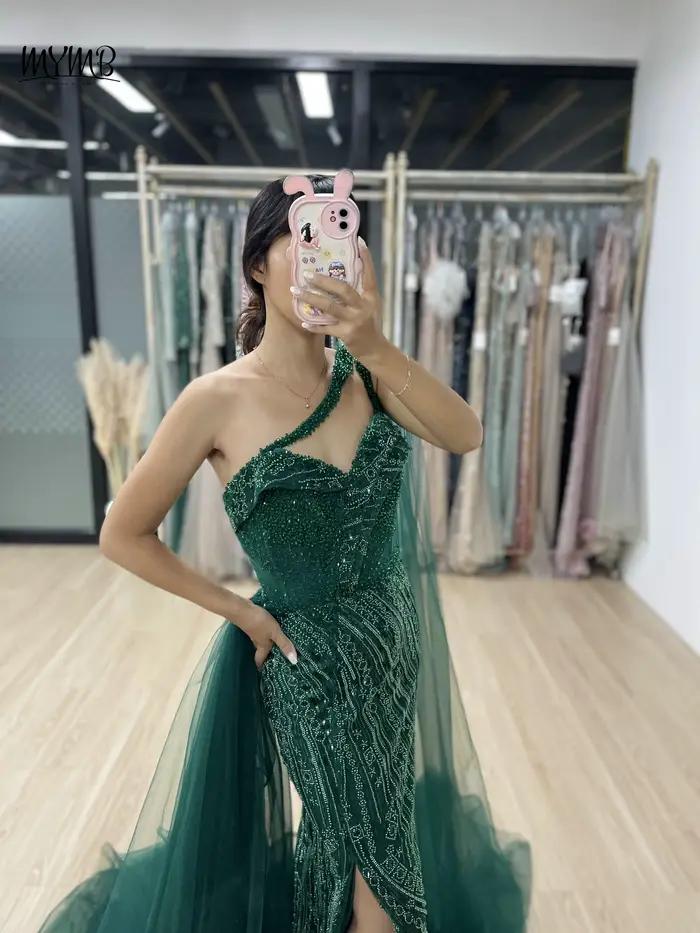 MYMB Orange magnifique haute fente sirène dubaï robes d'invité de mariage pour les femmes fête de luxe chérie cou perlé