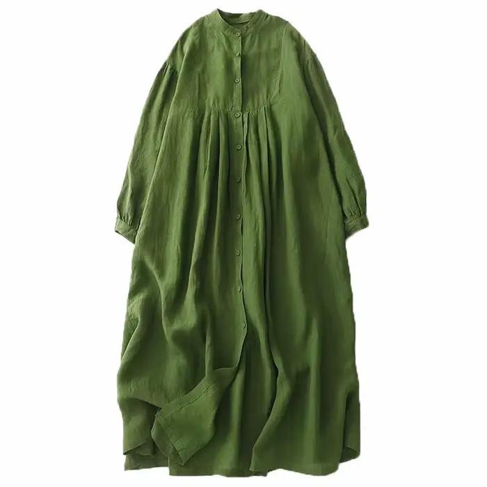 Robe en lin vert à manches longues pour femmes