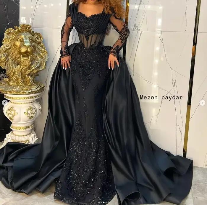 Robe sirène sirupeuse en microfibre satinée avec traîne détachable, appliques brillantes, baleines, manches longues pour occasions spéciales