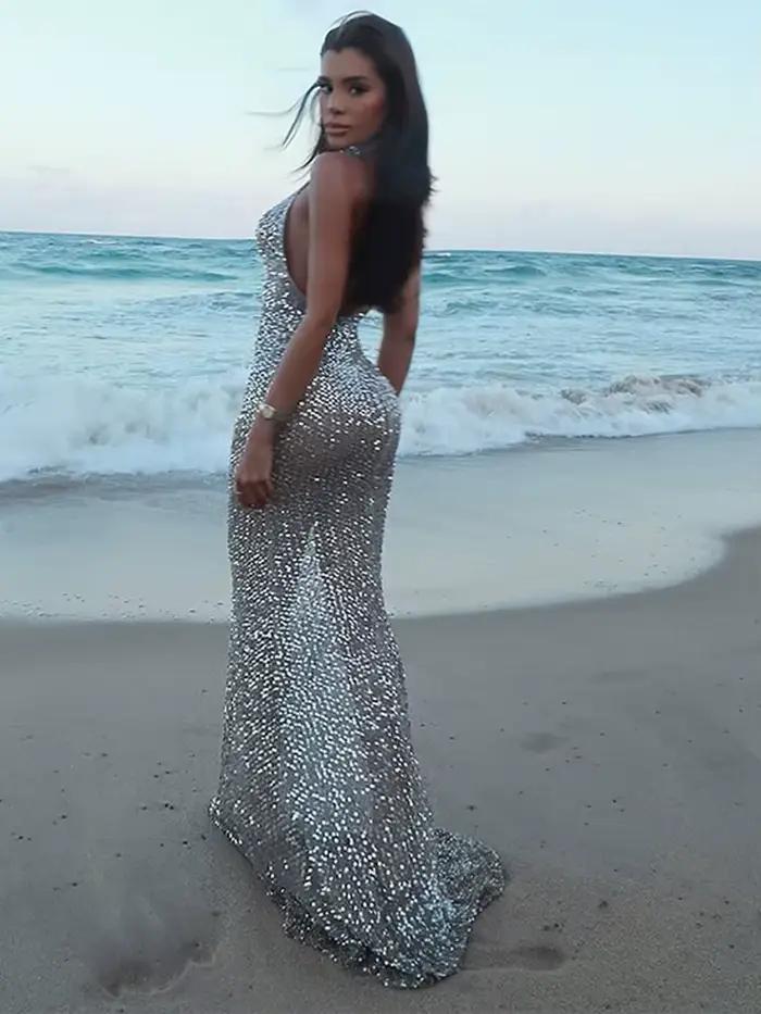 Robe longue sans manches à paillettes pour femme