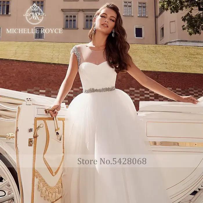 Michelle Royce a-ling robes De mariée réel PhotoScoop sans manches perles à lacets palais rêve Court Train