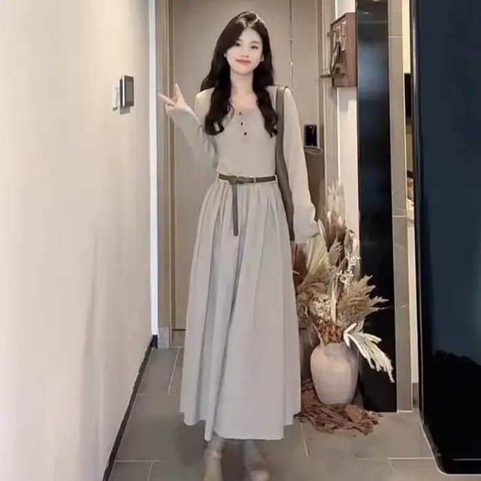 Robe longue maxi à manches longues en kaki clair pour femmes