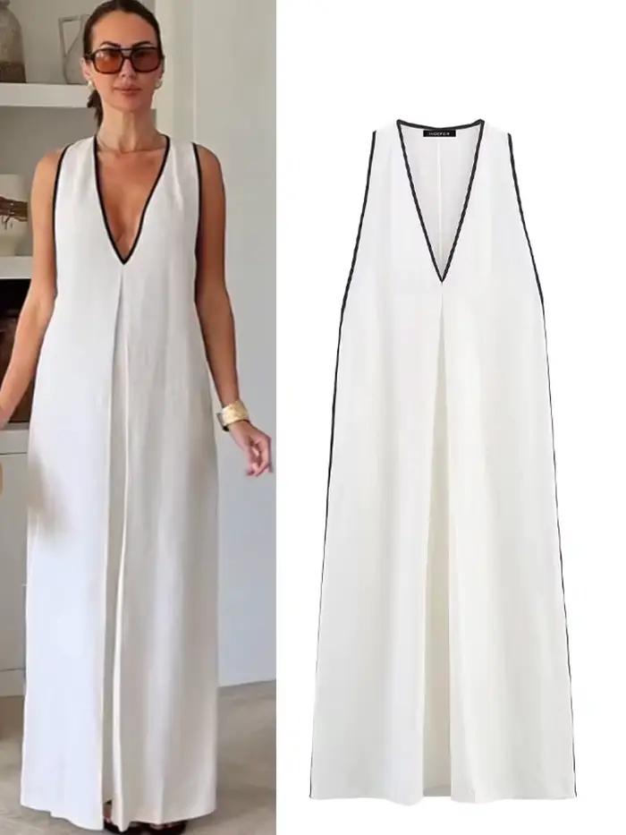 HH femmes vacances nouveau solide col en v lin mélange robe mi-longue été femme élégante Sexy sans manches fendu ourlet