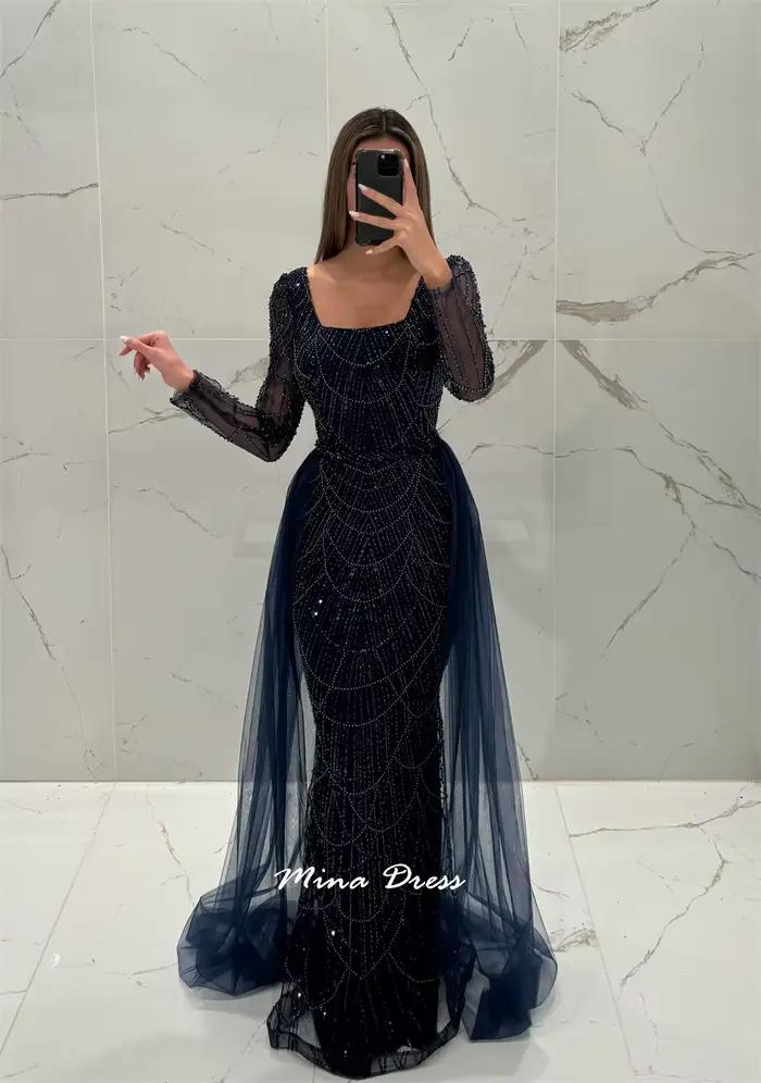 Mina personnalisé gemme robe de bal manches longues robes de bal de luxe carré Leader