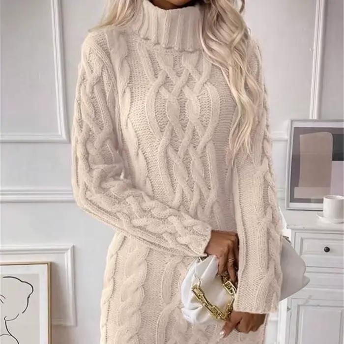 Robes pull femmes automne torsadé côtelé tricoté à manches longues col roulé Mini décontracté solide