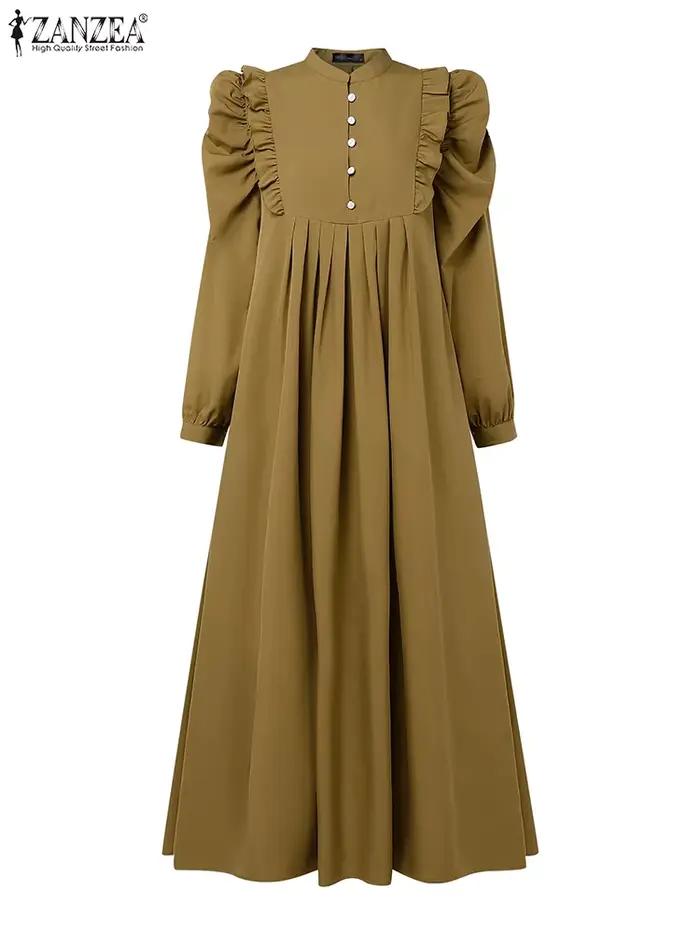 ZANZEA musulman modeste Maxi Robes femmes élégant volants garniture à manches longues plissé Abaya