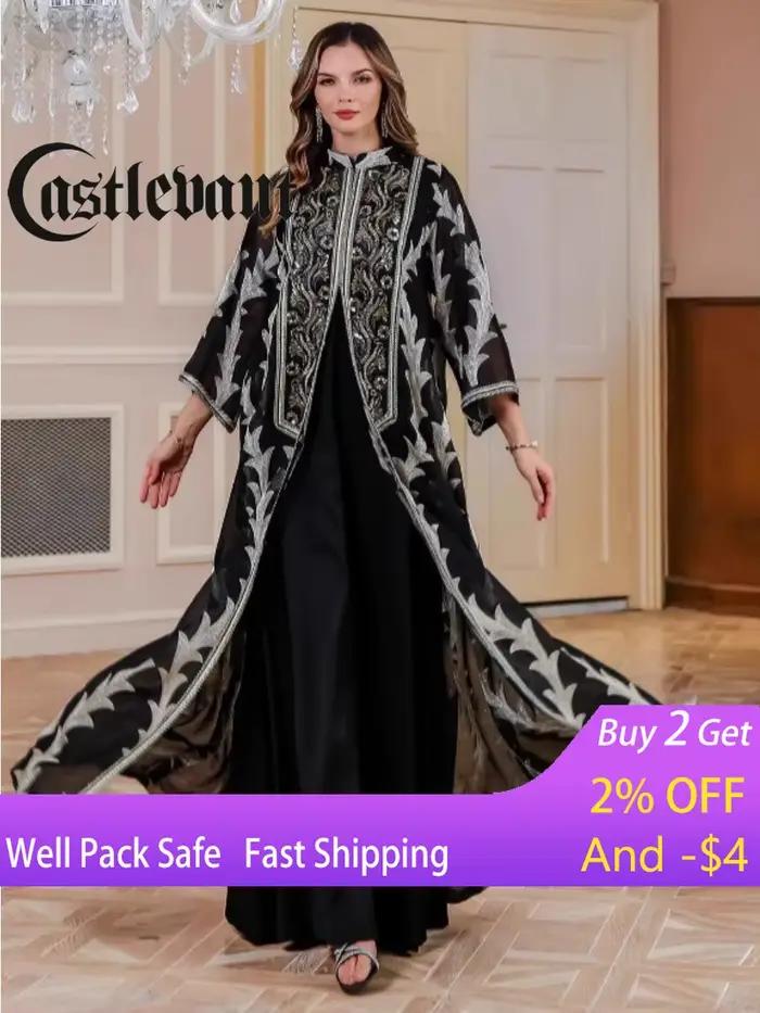 Robe de soirée pour femmes Abaya Dubaï Eid Musulmane Broderie en maille Jalabiya Robes de Ramadan Caftan Marocain