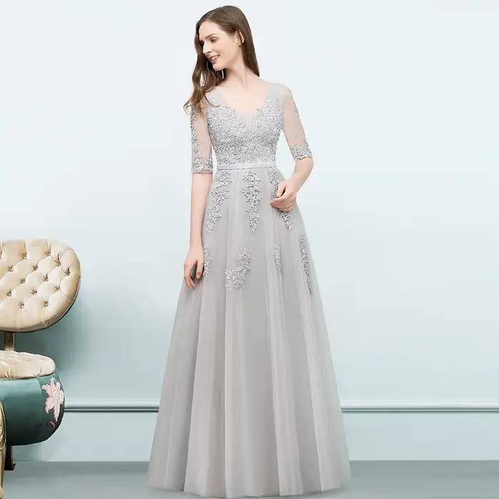 Robe de soirée élégante à manches mi-longues, appliques en dentelle, col en V, dos nu, silhouette Empire pour occasions spéciales et soirées officielles