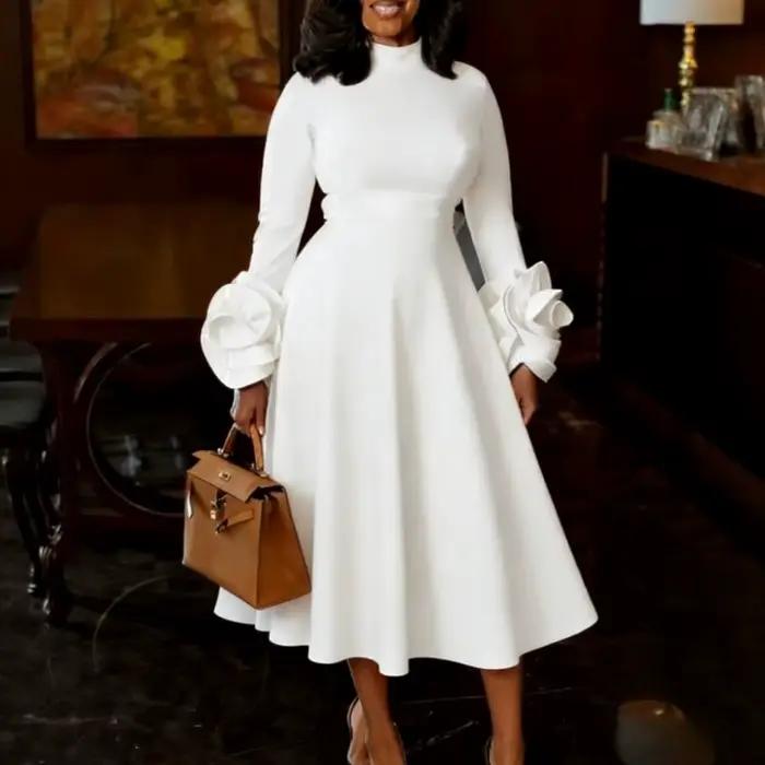 Robe Trapèze Plissée en Polyester et Élasthanne pour Femmes Chics Col Mi-Haut Manches Longues Motif Floral 3D Occasions Spéciales Mariages Noël Nouvel An Evénements Formels