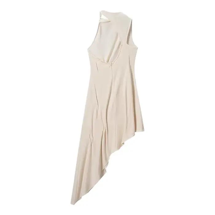Robe en maille asymétrique gris beige coupe ajustée style urbain taille haute mi-longue évasée sans manches pour l'été
