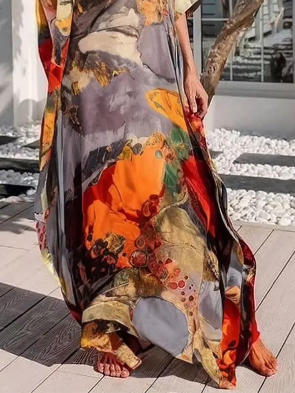 Modigirl femmes vacances imprimé robe Maxi 2025 été Vintage gaze asymétrique élégant manches chauve-souris bohême longues robes