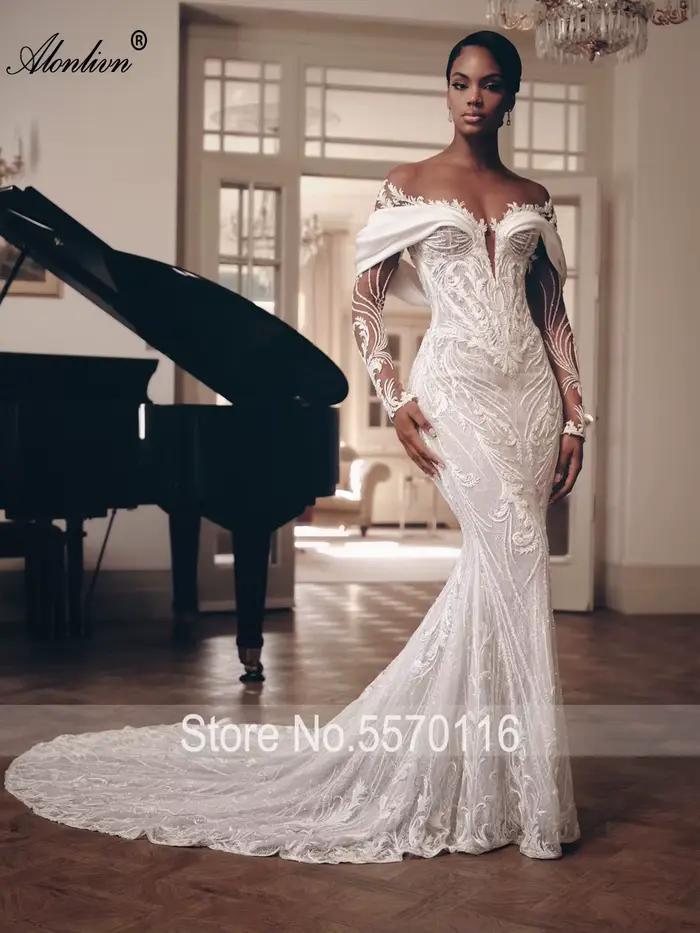 Alonlivn sur mesure luxe dentelle 2 en 1 robe de mariée sirène perles broderie Illusion cou trompette robes