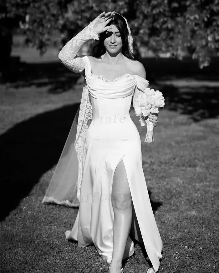 Bafftafe-Robe de Mariée Élégante en Satin et Dentelle à Manches sulf